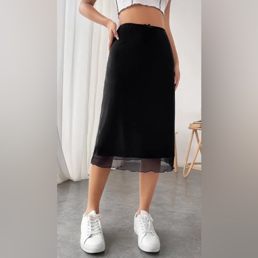 SHEIN Black Mesh & Lettuce Hem Modest Midi Knee-Length Bow Front Waist Skirt M